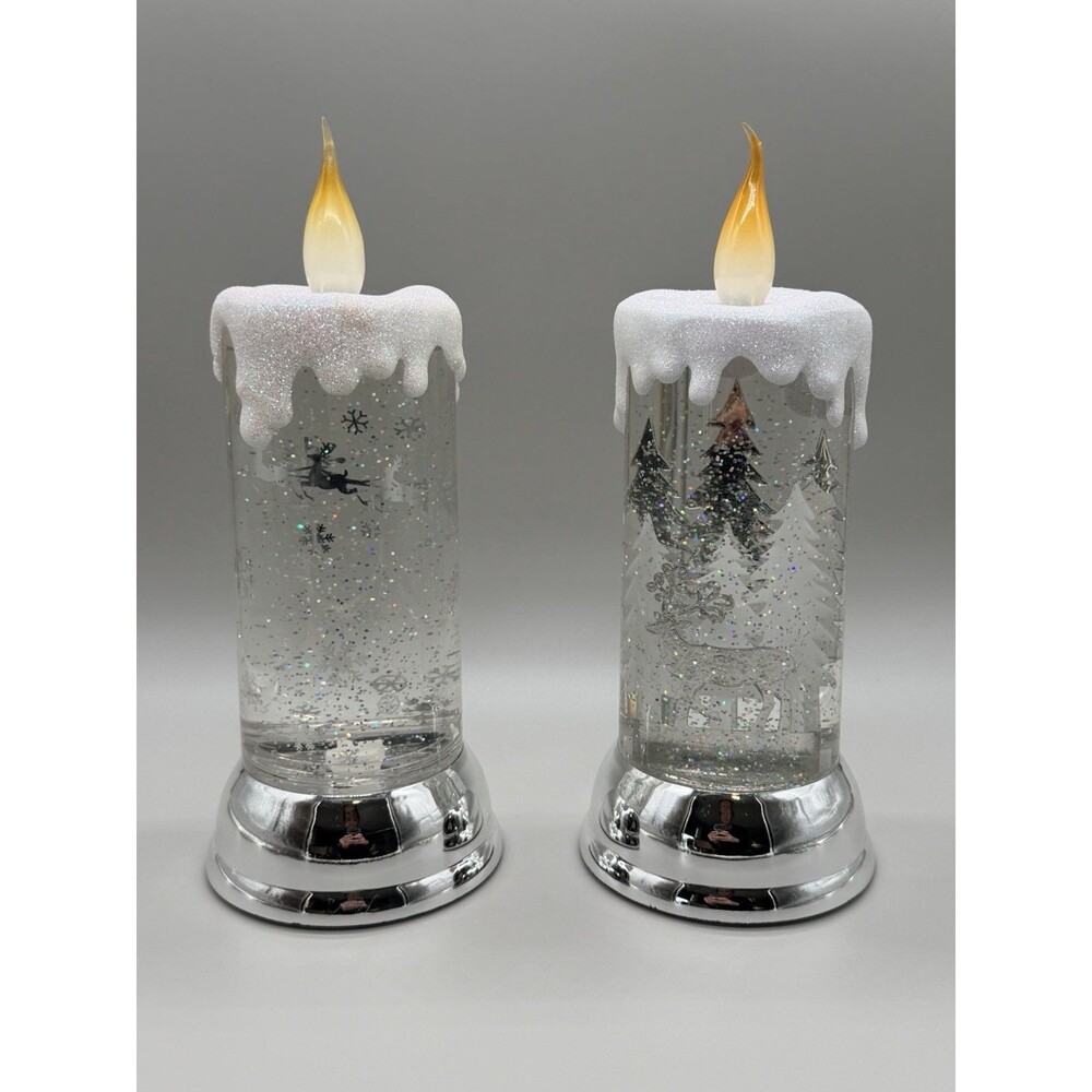 Robert Stanley Christmas LED Snow Glitter Globe Pillar Candle Set of 2 Reindeer